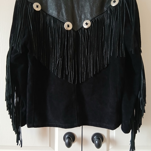 Schott NYC Western Black Tooled Leather Conchos Fringed Jacket 46 USA Vintage. - Picture 7 of 12